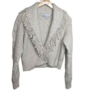 dh NEW YORK Mika Fringe Trim Crop Cardigan S Ecru Wool Blend Boho Cozy Knit